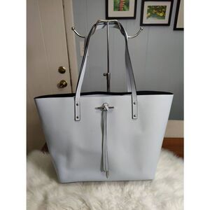 Thacker extra large genuine leather pastel blue tote bag with silver hardware